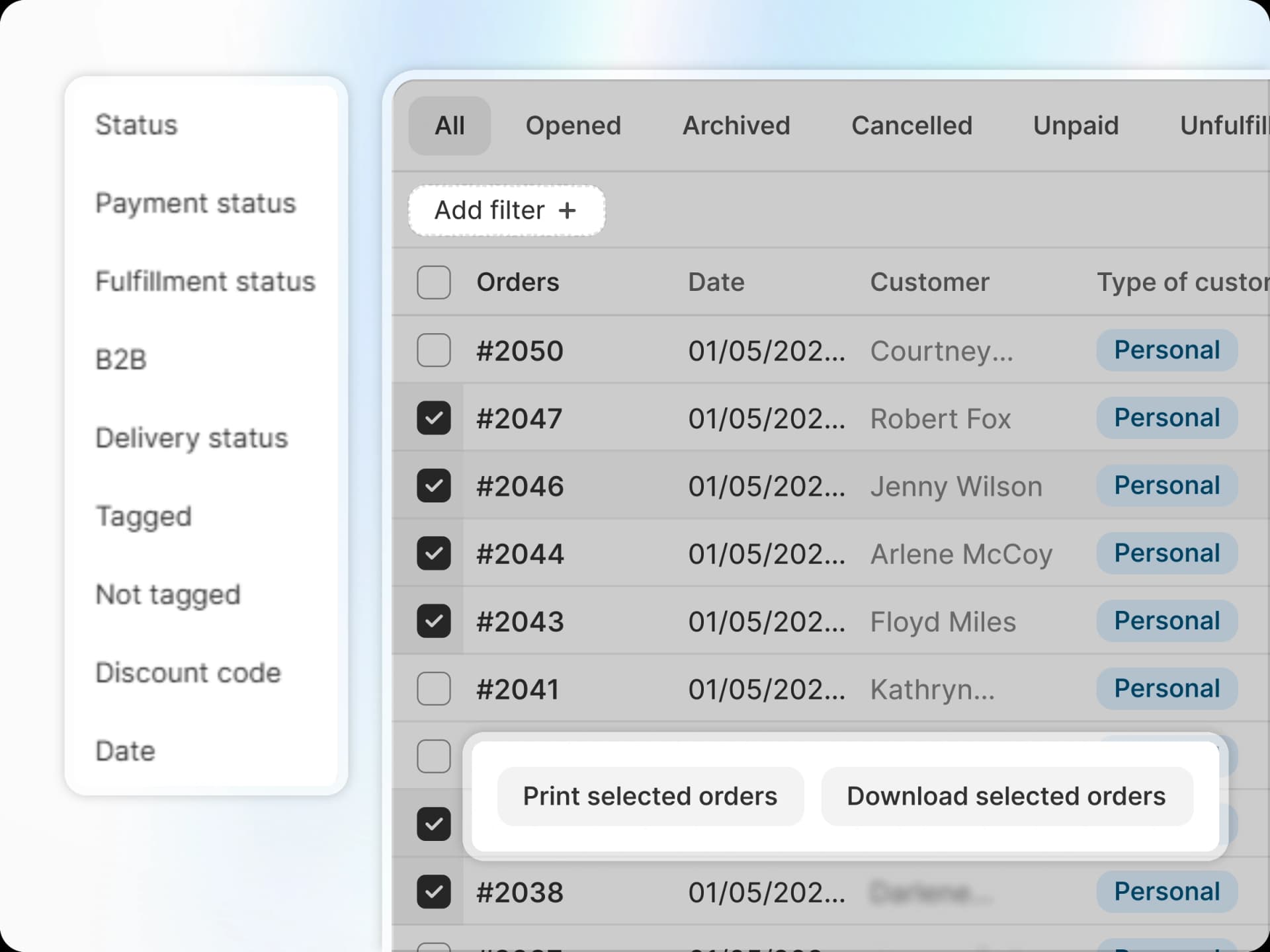 Bulk export interface with date range picker and order filters