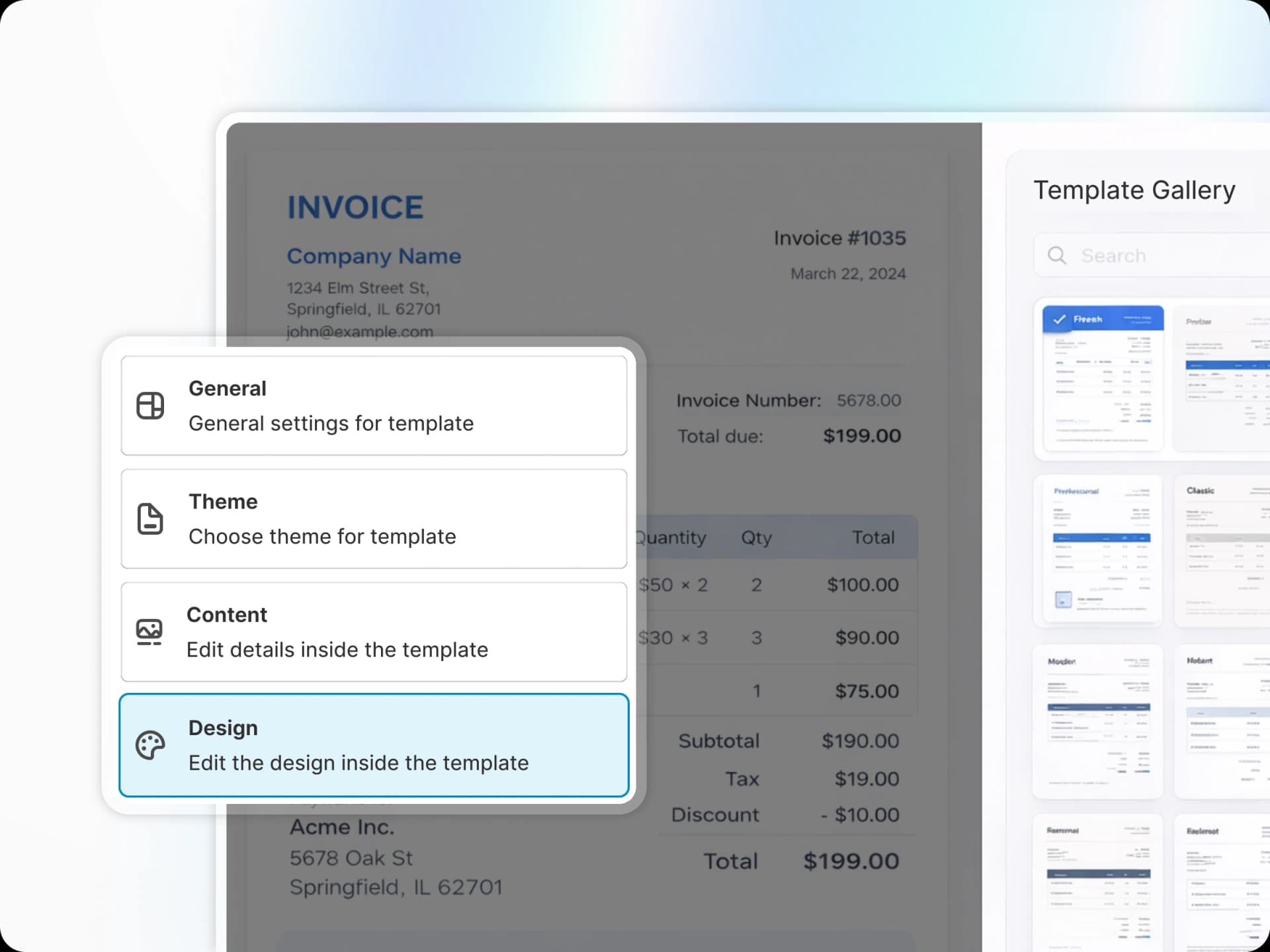 Template editor with logo upload, color picker, and live invoice preview