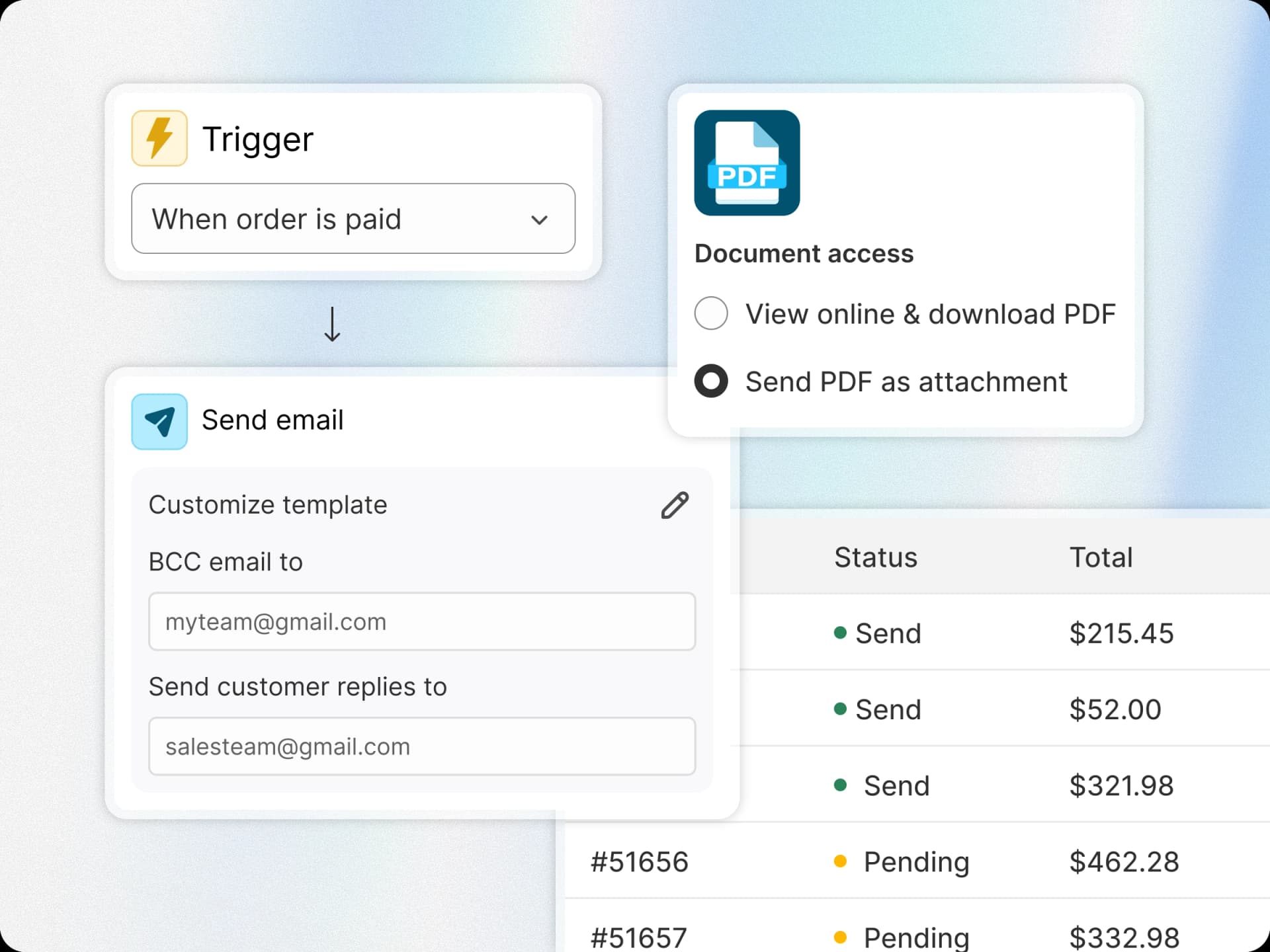 Email automation settings with trigger selection and template preview