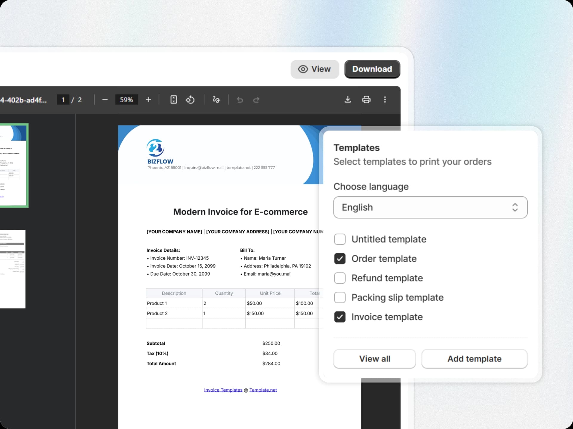 Order selection interface with Print Invoice button and PDF preview