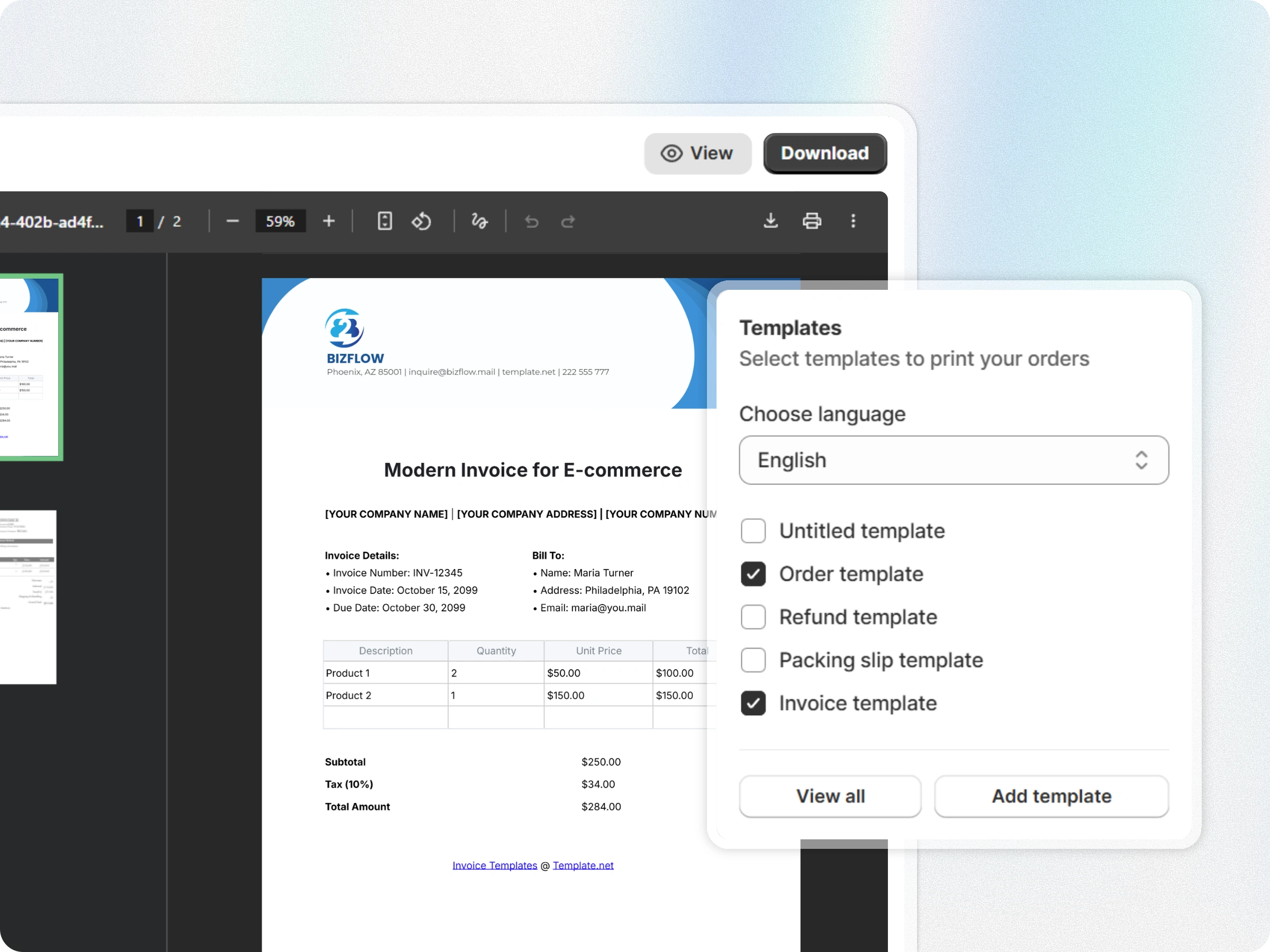 Order selection interface with Print Invoice button and PDF preview